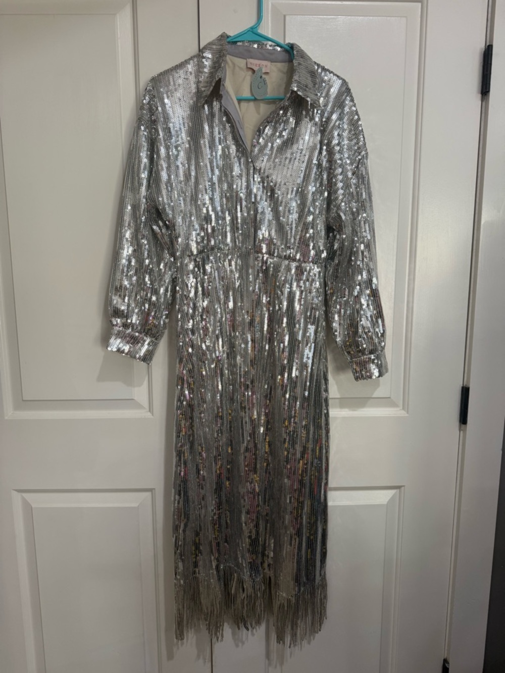 Silver Sequin Fringe Shirt Dress Ceibon